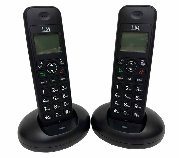 Set de 2 teléfonos inalámbricos LM-1702-1 negros con base de carga, representando telefonos de casa inalambricos con diseño moderno