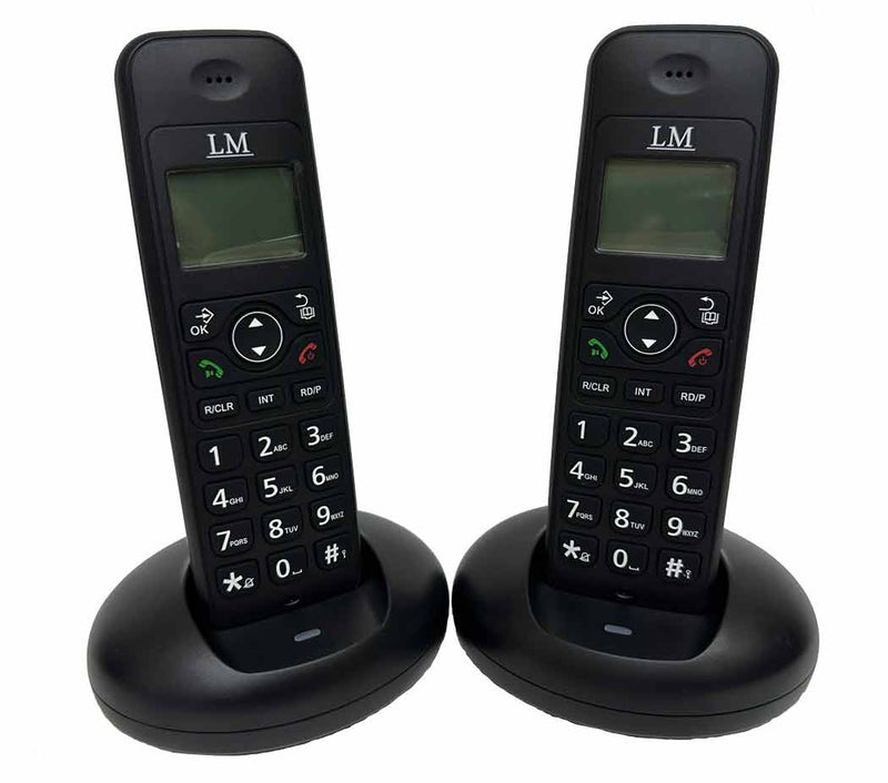 Set de 2 teléfonos inalámbricos LM-1702-1 negros con base de carga, representando telefonos de casa inalambricos con diseño moderno