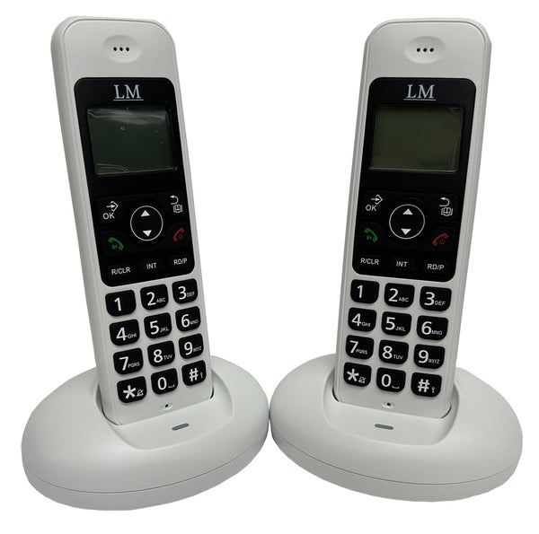 El teléfono fijo inalámbrico LM-1702-2, color blanco con su pantalla LCD de 3 líneas y la función de Identificación de Llamadas en el hogar