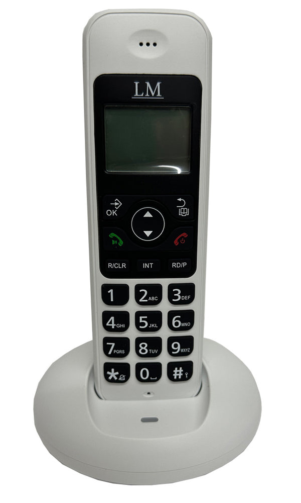 Detalle del teclado del teléfono inalambrico LM-521-2, destacando el control de volumen y la función de Bloqueo de teclado