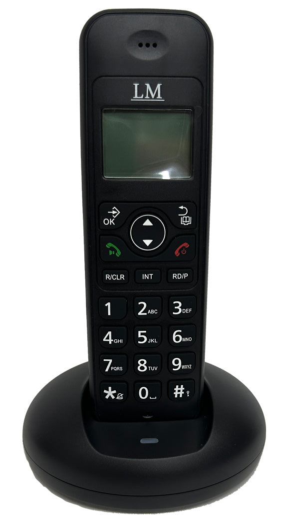 Vista lateral de los teléfonos de casa inalambricos LM-521-1 con pantalla LCD, base de carga y auricular sobre un escritorio para casa u oficina