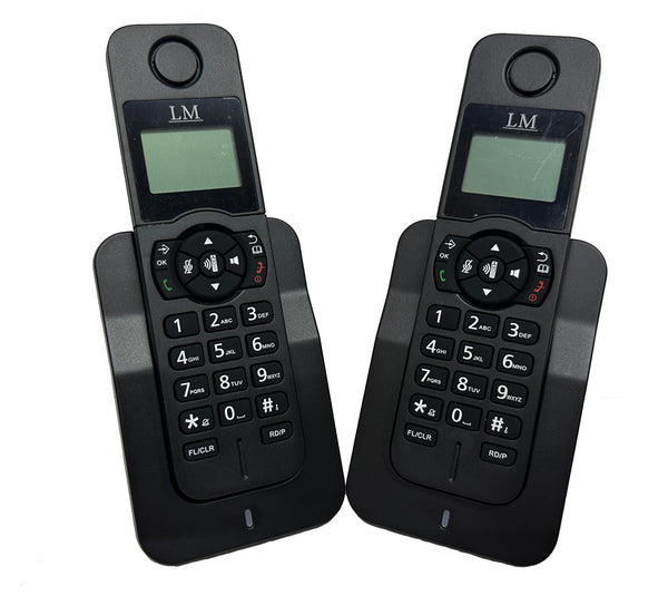 Set de 2 teléfonos inalámbricos LM-7002 negros con base de carga, ideal como teléfonos de casa inalámbricos para la oficina y el hogar