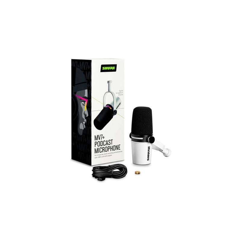 Panel de control del micrófono Shure MV7+ blanco, mostrando su conexión USB-C para grabaciones de podcast