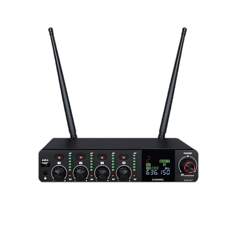 Sistema de Micrófonos Inalámbricos STW-401F SOUNDTRACK Frecuencias UHF, de 60 a 80 m de Alcance